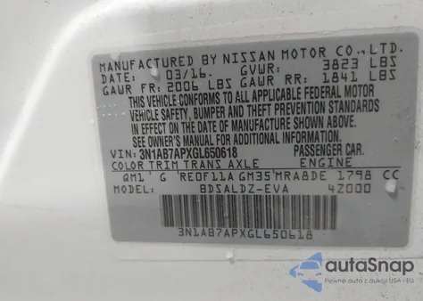 2016 Nissan Sentra Fe+ S/S/Sl/Sr/Sv из США, поврежденный, VIN 3N1AB7APXGL650618